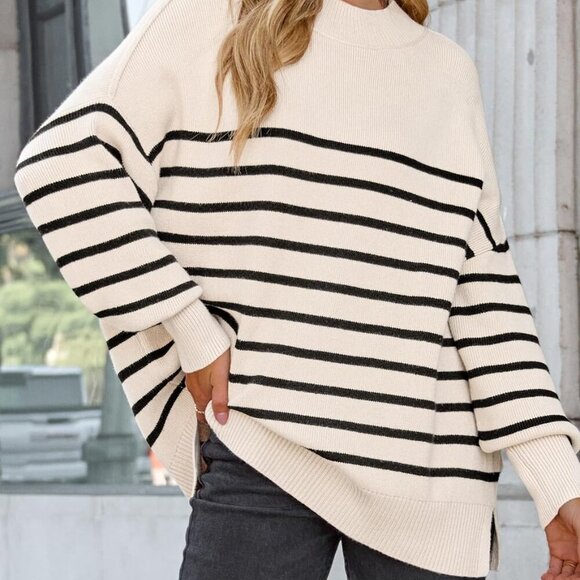 Women's Fall 2025 Casual Long Sleeve Crew Neck Side Slit Oversized Ribbed Knit P - Picture 3 of 5